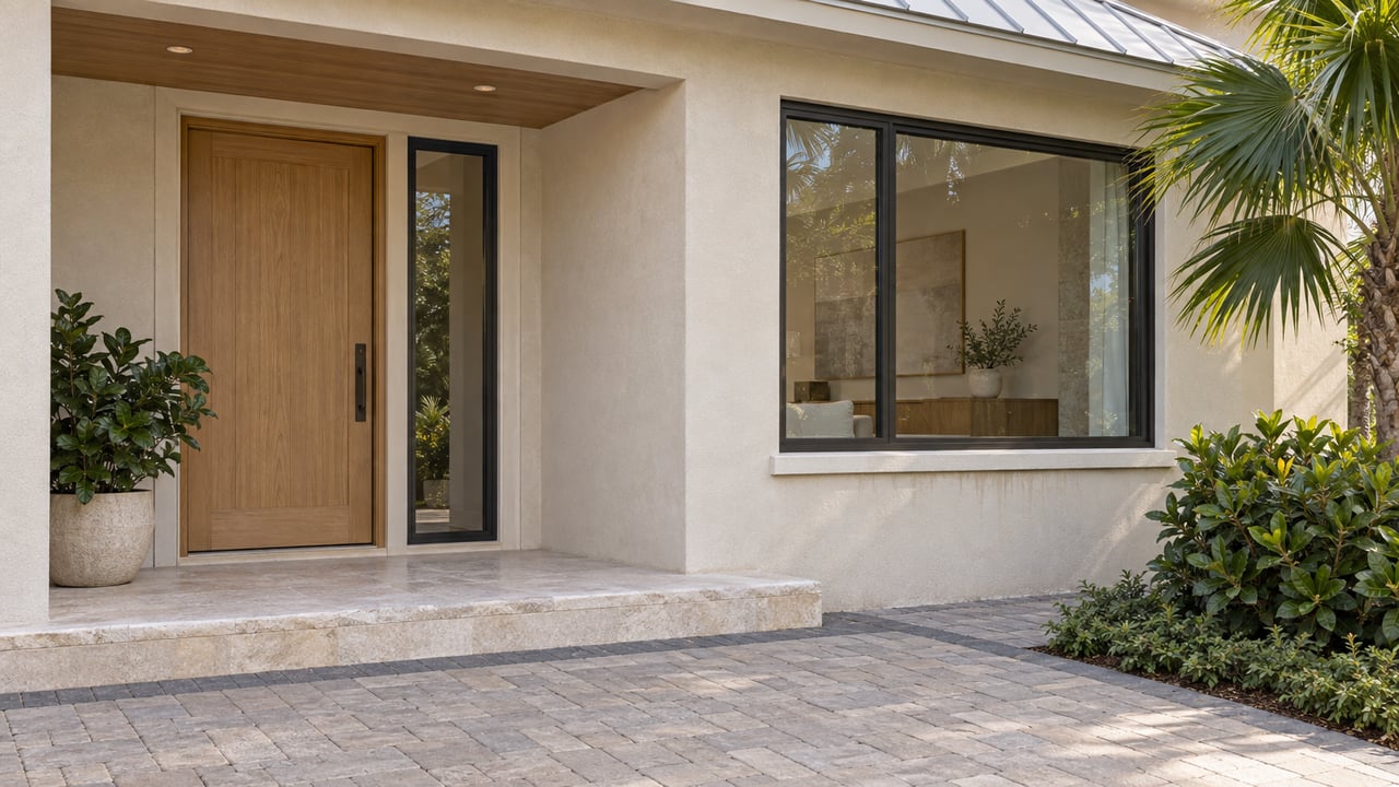 Sand-colored stucco house entry with an oak door, tall sidelight, black-framed window, and palm beside the paver approach.
