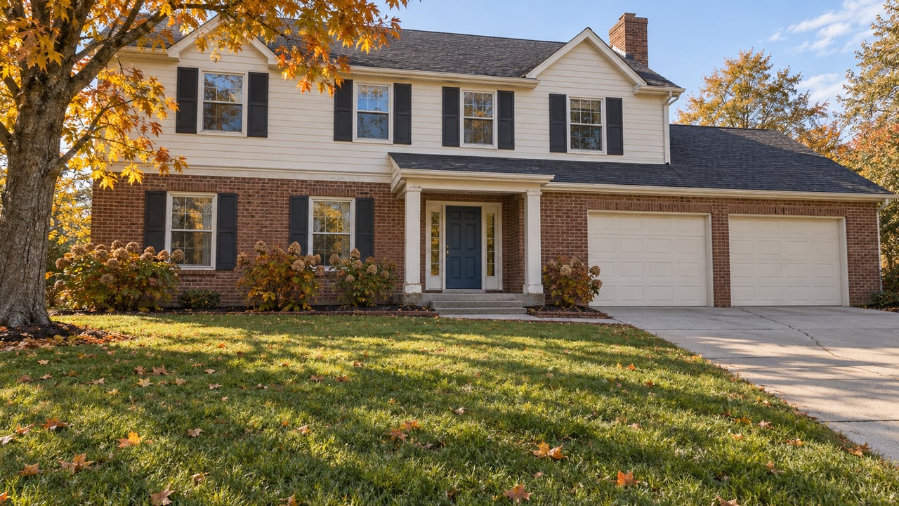 Autumn sunlight on a two-story brick and cream-sided home, with a broad front lawn, blue entry door and sugar maple.