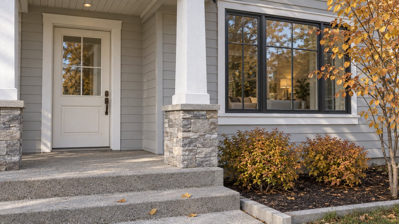 Covered home entry with light-gray siding, cream door, stone porch-post base, concrete steps and copper-yellow serviceberry foliage.