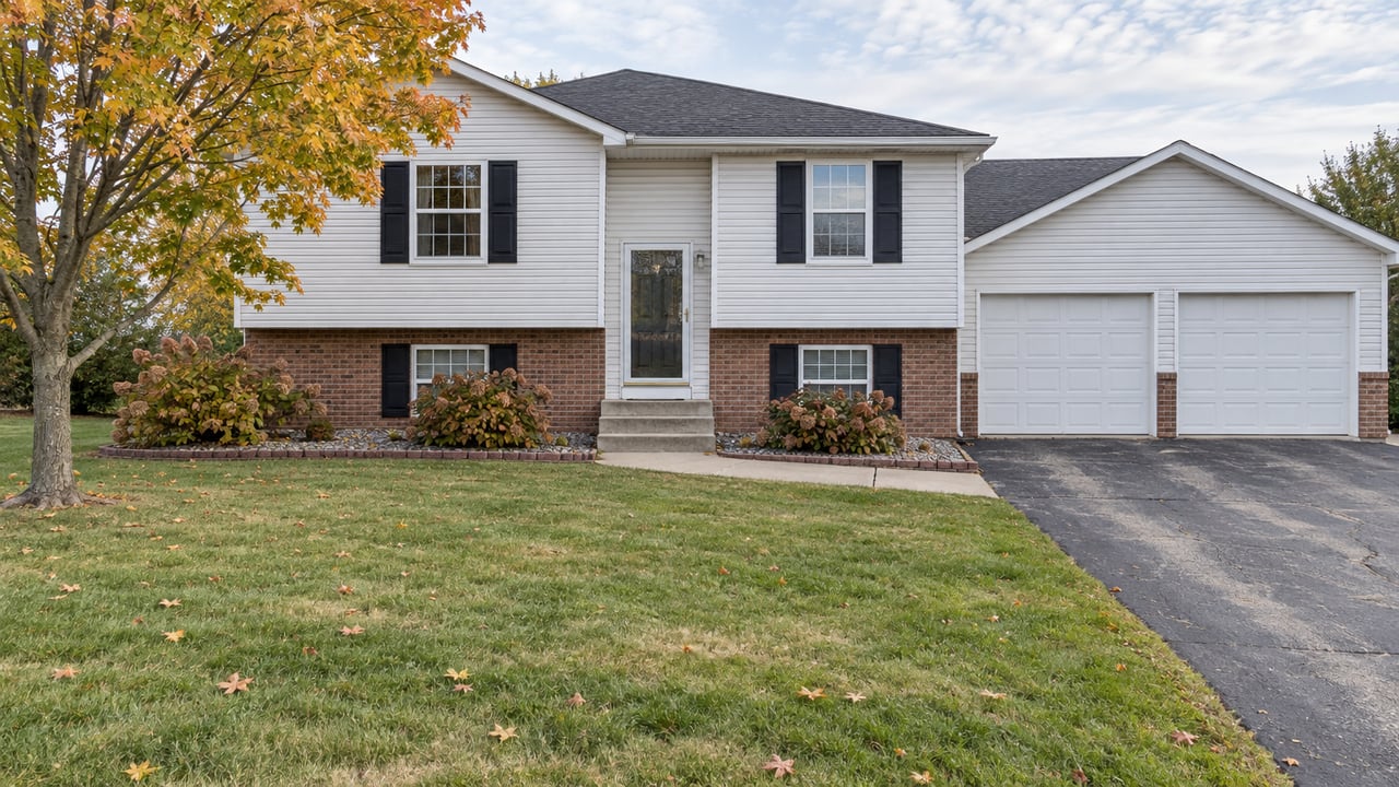 White-sided split-level home with brick lower walls, a broad autumn lawn, a sugar maple and an attached two-car garage.
