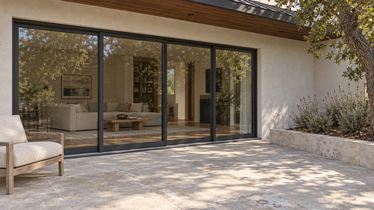 Sunlit limestone terrace beside an ivory stucco home with closed charcoal-framed glass doors, a teak lounge chair and an oak-shaded raised planting bed.