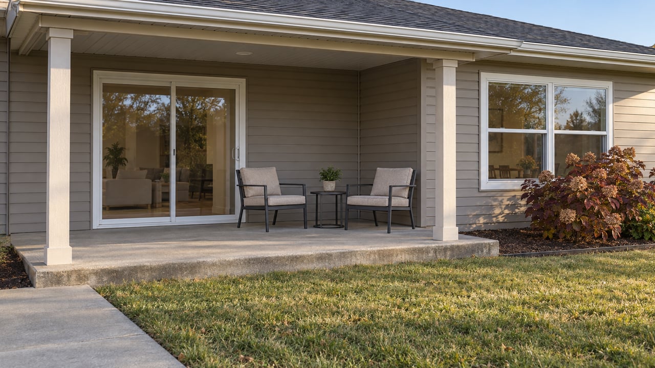 A modest ranch home's covered rear patio with two chairs, gray siding and an autumn lawn.