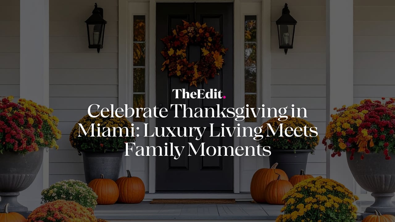 Beautifully decorated front porch with fall wreath, colorful mums, and pumpkins for Thanksgiving at a luxury Miami home by The Edit Real Estate
