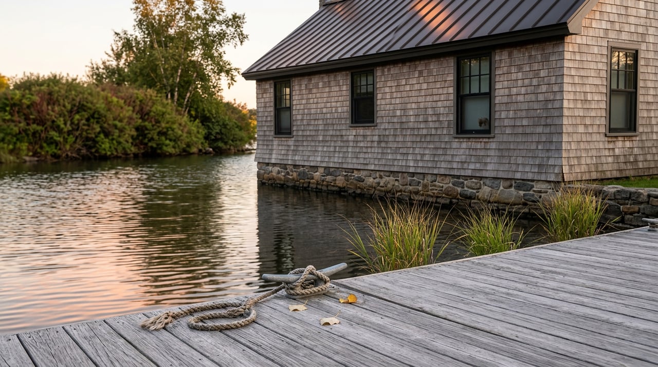 Weathered dock with a cleat and coiled rope faces a cedar-shingle cottage across rippling water.