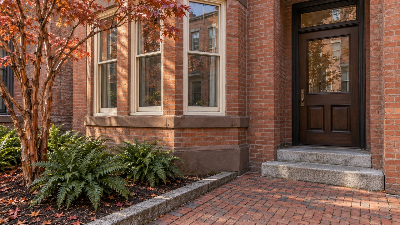 Red-brick residential bay and recessed timber entry above worn granite steps, with a small autumn paperbark maple in a shallow front garden.