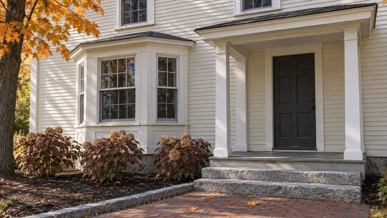 Ivory clapboard home with a charcoal front door, weathered granite entry steps, a projecting window bay, and burgundy oakleaf hydrangeas in autumn light.