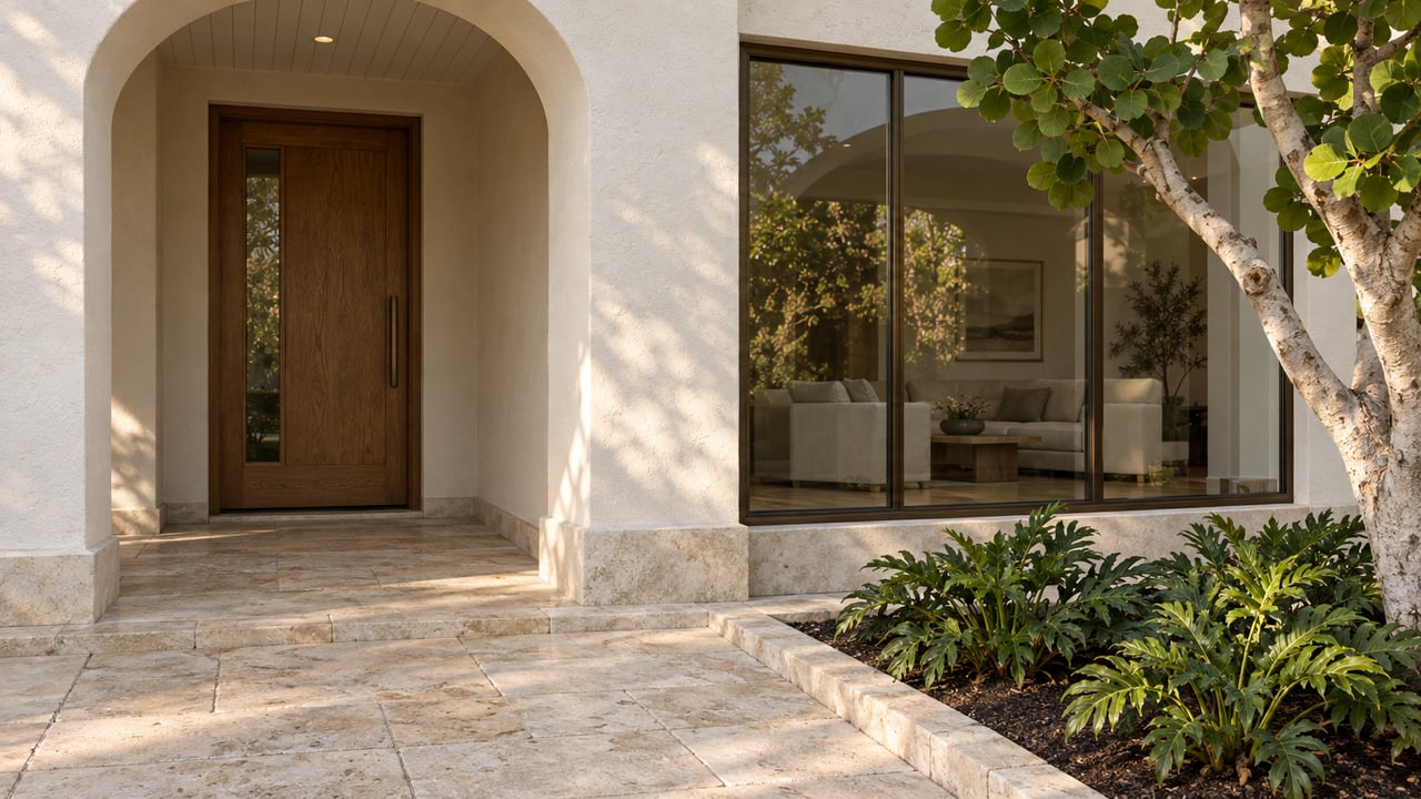 Warm-white stucco home with a shaded oak entry, bronze-framed window and limestone approach beside sculptural sea grape planting.