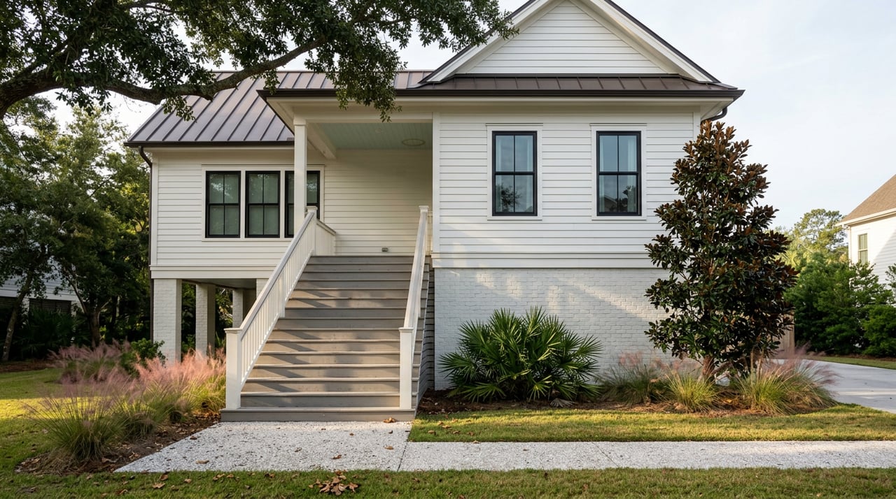 Raised coastal home with gray front stairs, white siding, brick piers, and a shell walkway bordered by pink grasses.