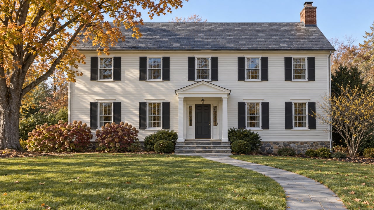 Ivory clapboard house with dark shutters, a stone entrance walk and a deep autumn lawn beneath an amber-leaved maple.