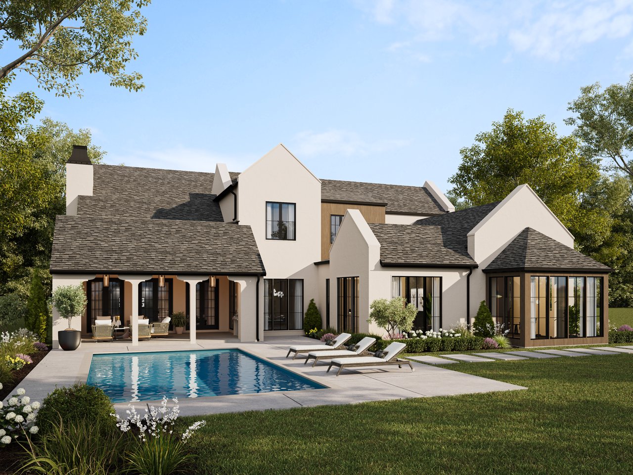 White home with dark gabled roofs, a covered patio, and a swimming pool.