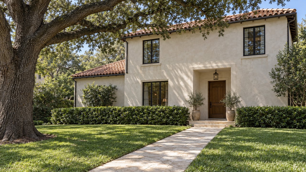 Pale stucco two-story house with a terracotta tile roof, limestone walkway, lawn, and spreading oak tree.