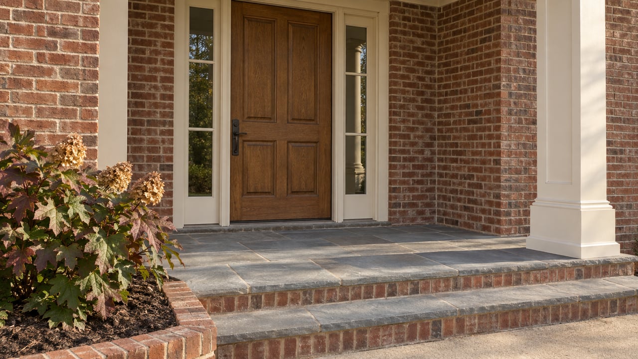 Oak front door with matching sidelights, red-brown brick, a slate porch and autumn oakleaf hydrangea.