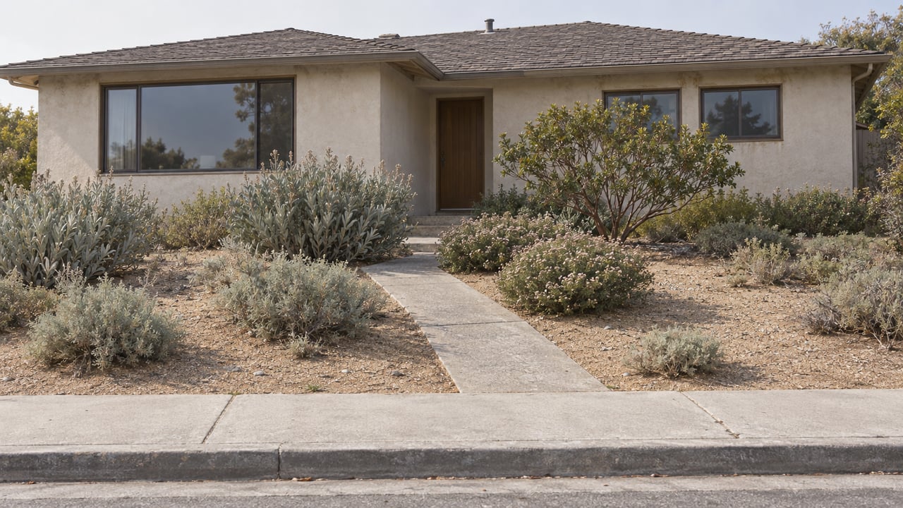 Modest stucco house behind a sloping sandy front yard with native shrubs and a narrow concrete path.