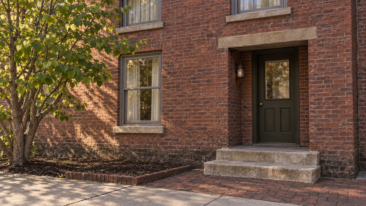 Late-afternoon light on a weathered brick home's olive door, sash windows and limestone entrance steps beside a redbud tree.