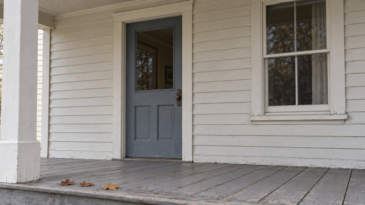 Weathered painted farmhouse porch with a slate-blue door, double-hung window and three autumn maple leaves on grey floorboards.