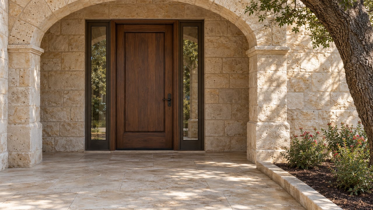 Sunlit limestone entry with a recessed walnut door, paired bronze-framed sidelights and a mature live oak beside the stone terrace.
