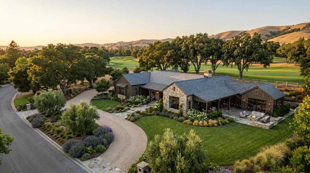 Estate beside a golf course, with stone-and-wood architecture and landscaped grounds.