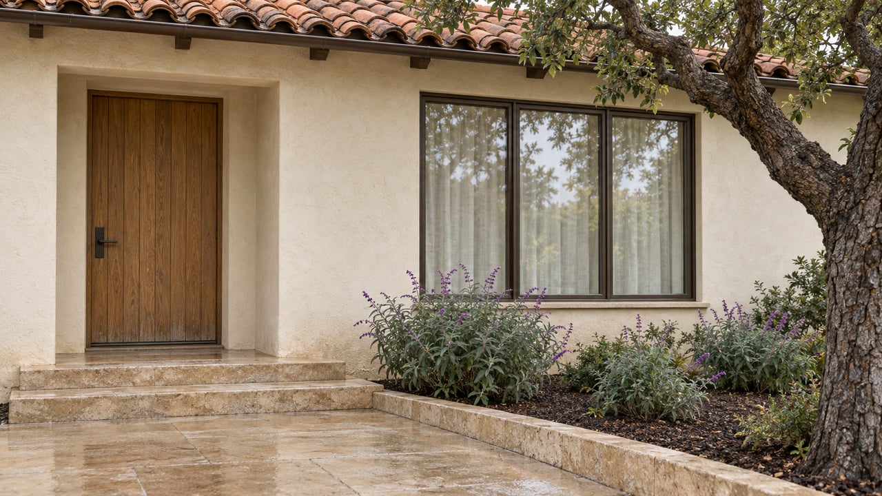 Rain-darkened limestone steps lead to a recessed oak entry beneath clay roof tiles, beside a bronze-framed window and mature oak.