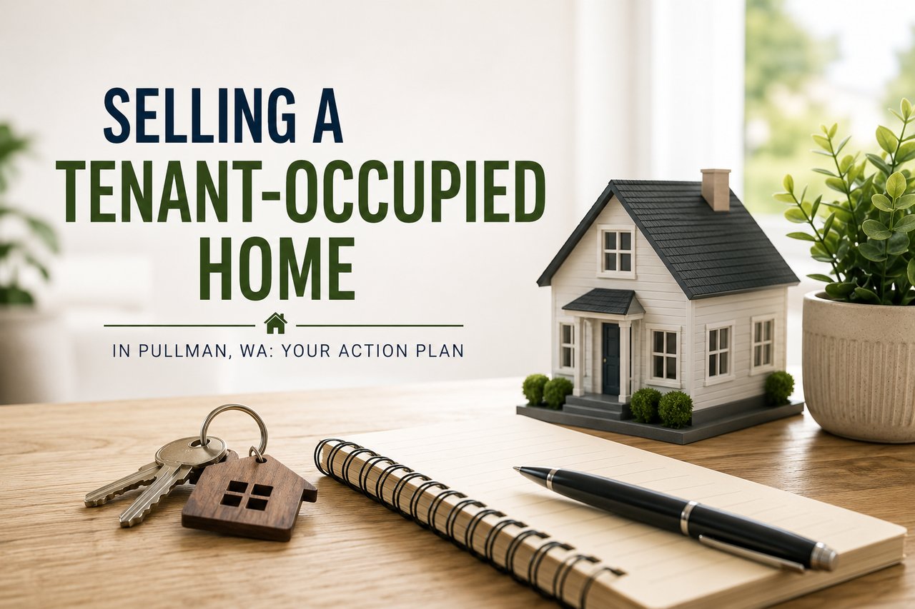 Modern real estate graphic illustrating the process of selling a tenant-occupied rental property in Pullman, WA with leasing documents and property management concepts.