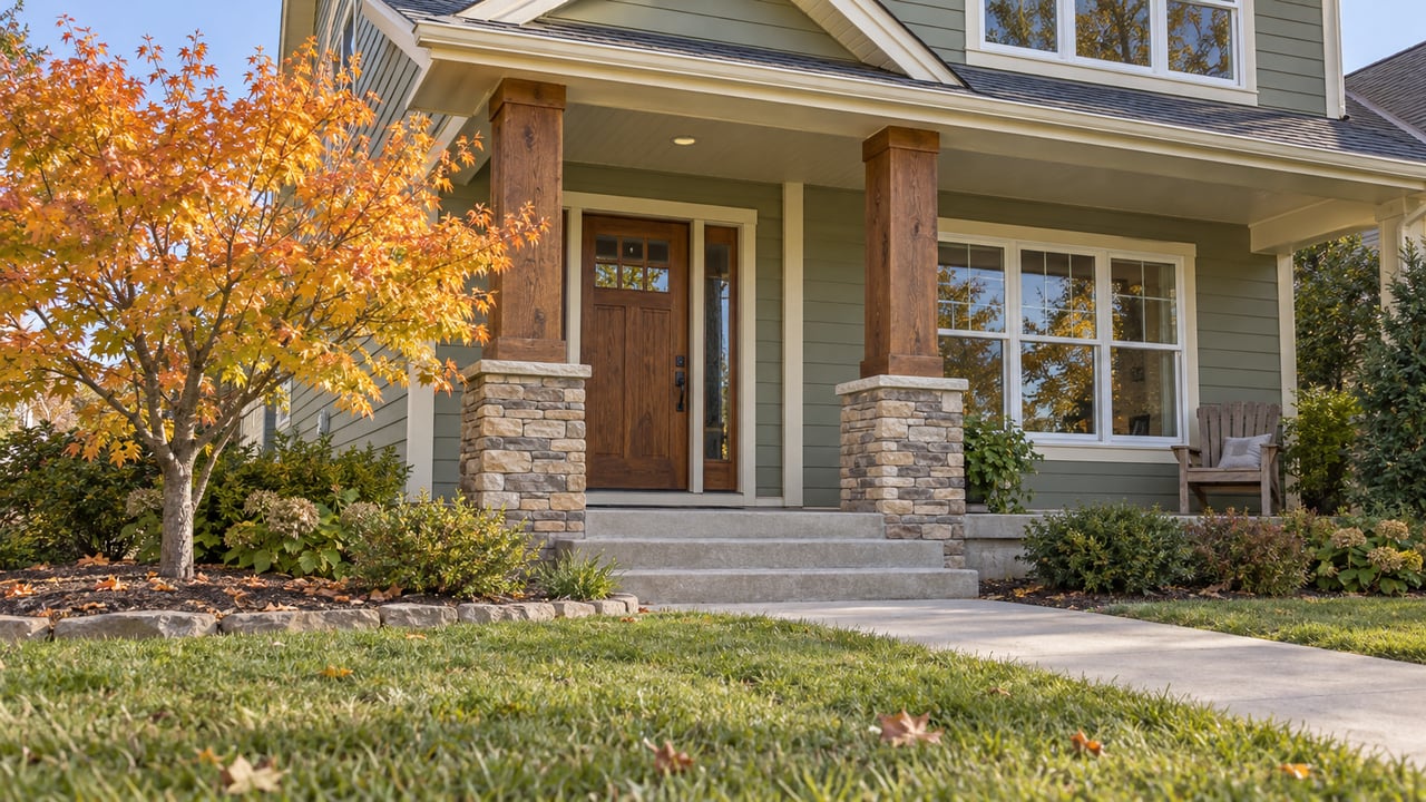 Autumn maple beside a sage-sided home's timber porch, with concrete steps and a broad front lawn.