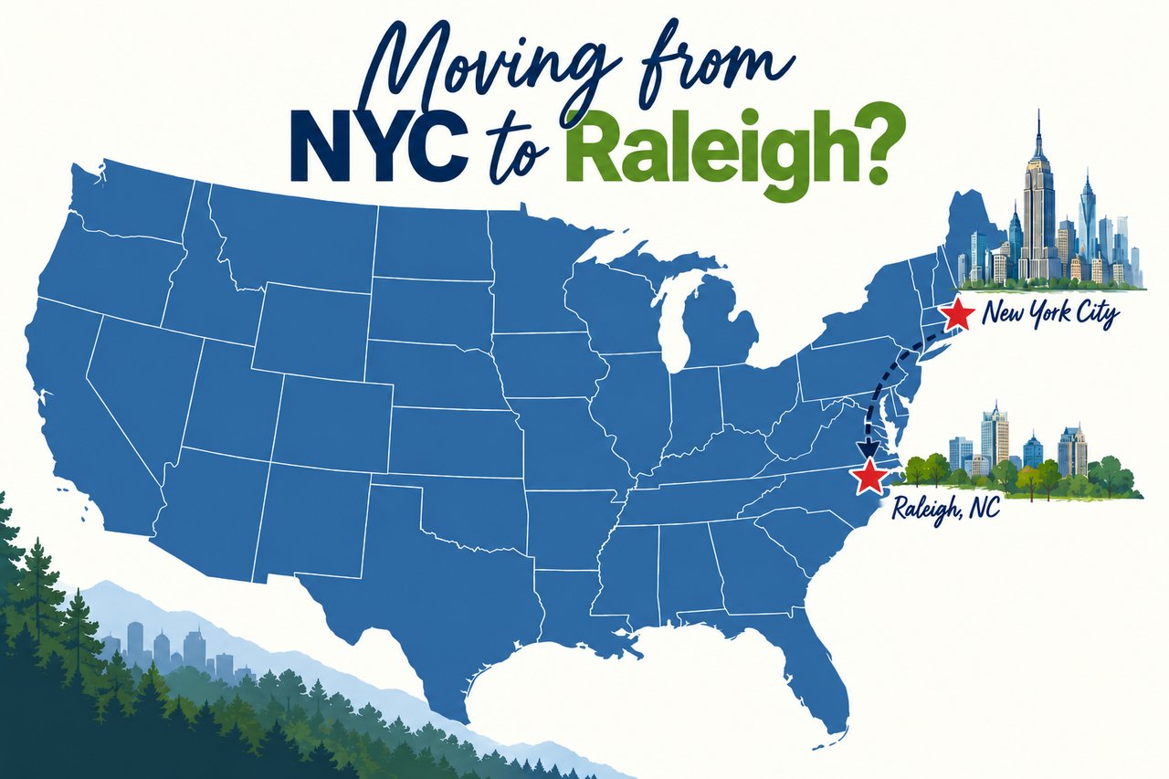 Map showing New York City connected to downtown Raleigh and downtown Durham, its closest matches in the Triangle.