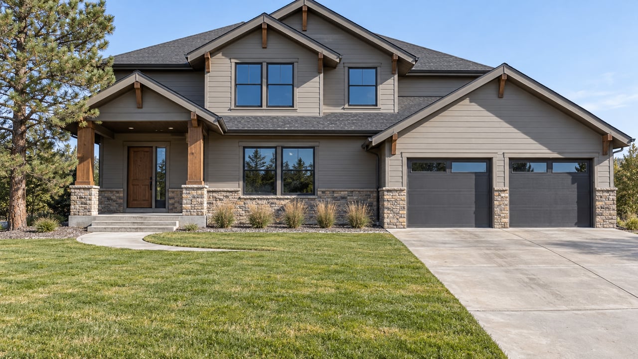 Gabled two-story home with gray siding, stone base, covered timber porch and two garage bays behind a deep front lawn.
