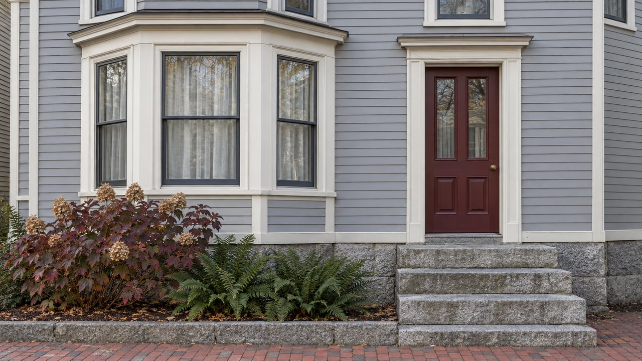 Gray clapboard home with ivory bay windows, an oxblood entry door, granite steps and autumn oakleaf hydrangea.