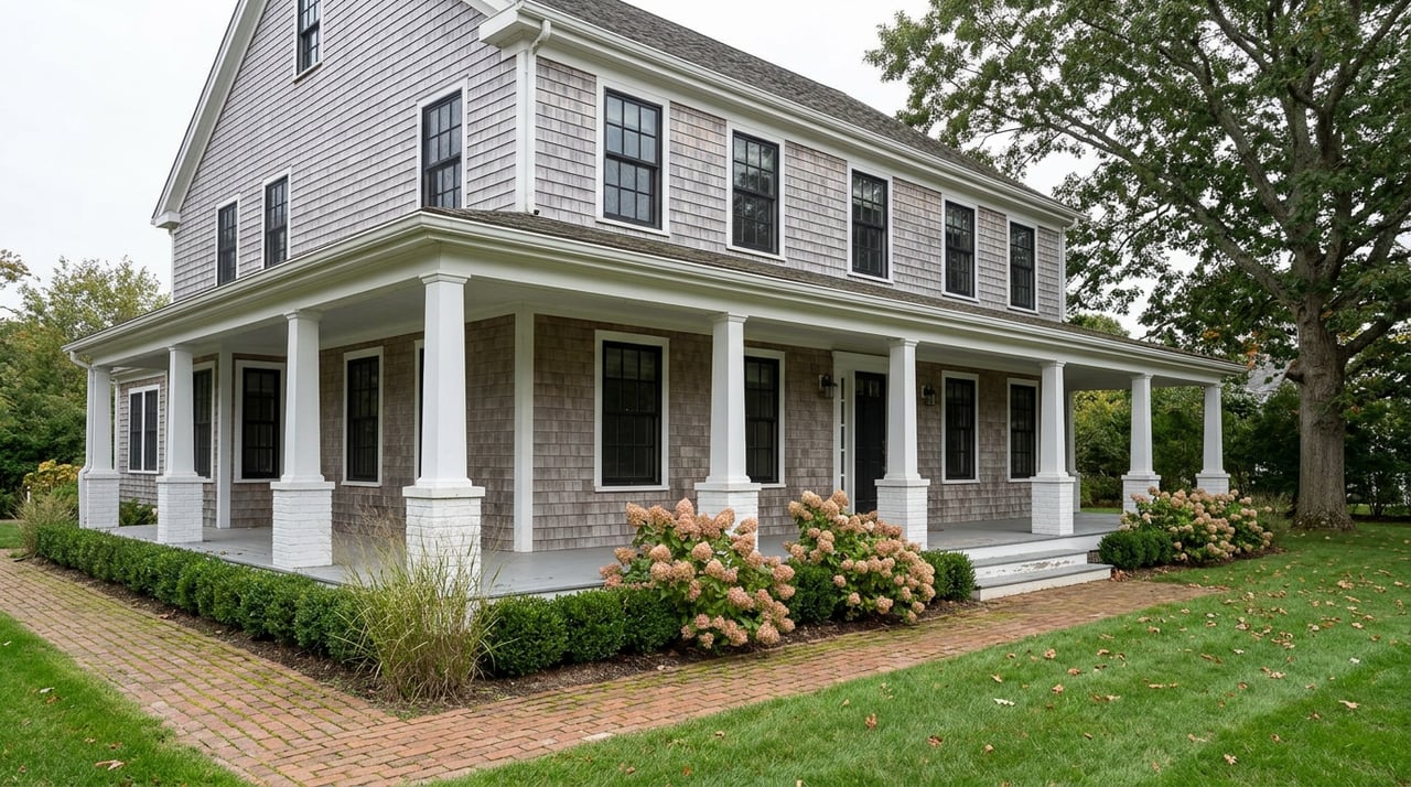 Two-story gray shingle house with a wraparound porch, brick walkway, clipped hedges, and a mature oak tree.