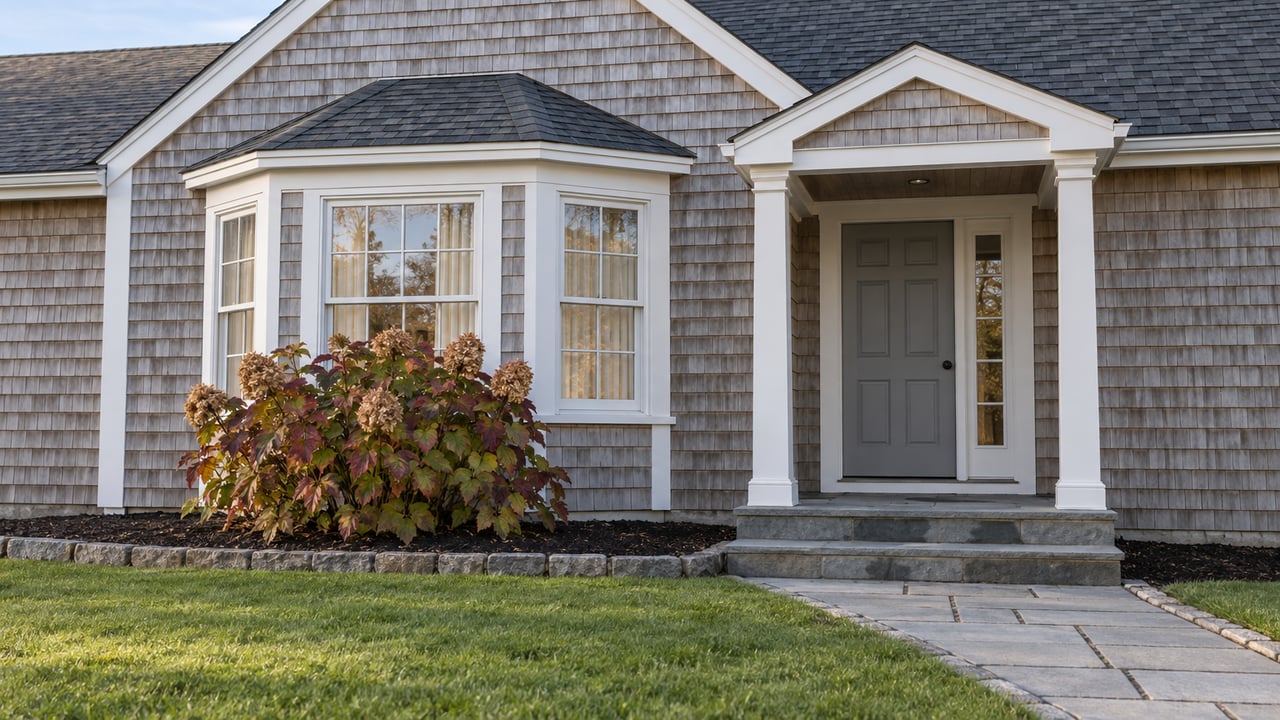 Cedar-shingled villa with white-trimmed bay windows, a sheltered gray front door, bluestone steps and a neatly edged lawn.