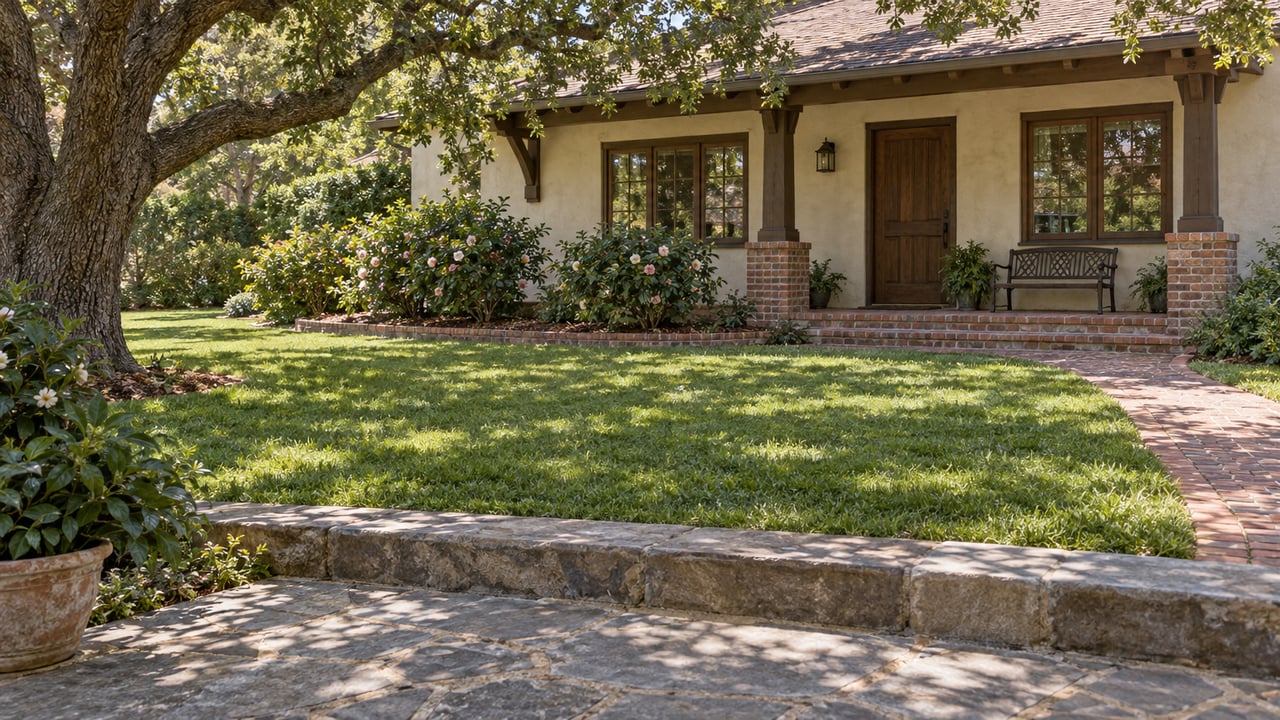 A shaded stone terrace overlooks a deep green lawn and a traditional stucco home's timber porch beneath a spreading oak.