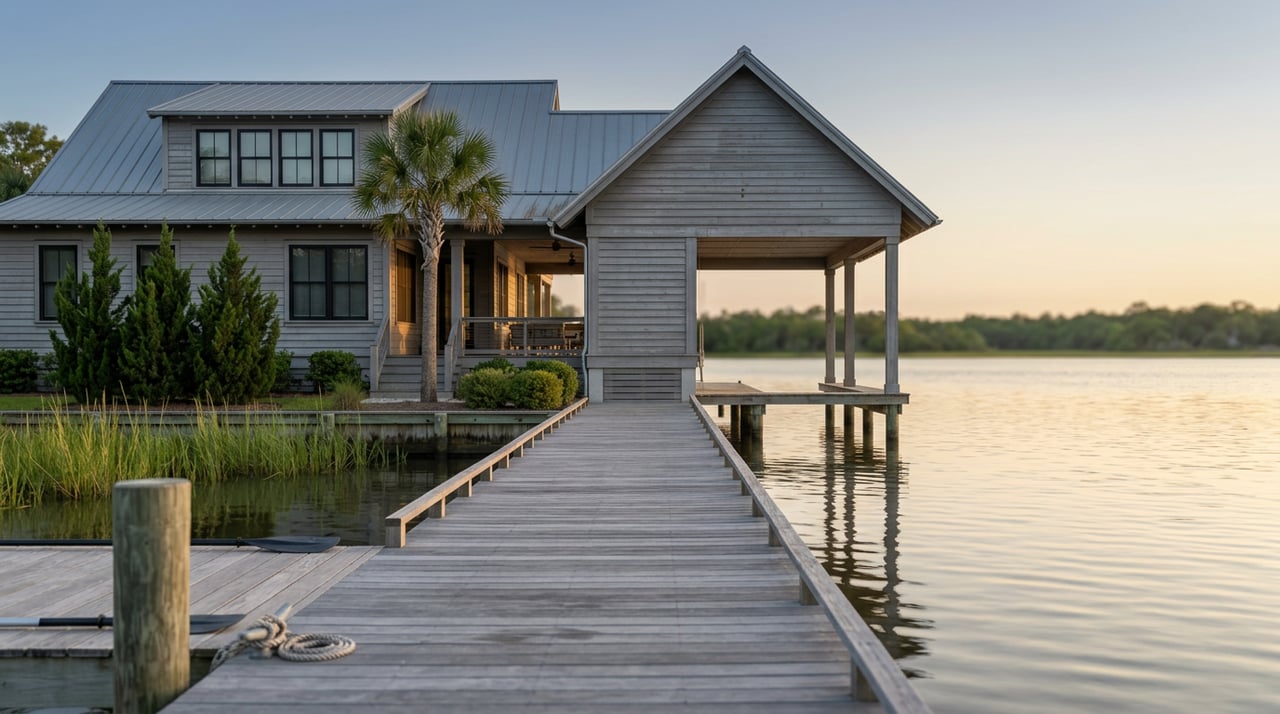 Gray-sided bayfront home and boathouse seen from a weathered dock, with a coiled rope and calm water.