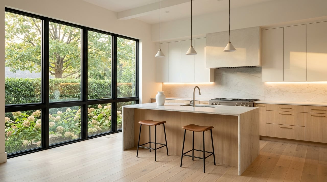 Luxury kitchen with a waterfall island in front of a wall of windows.