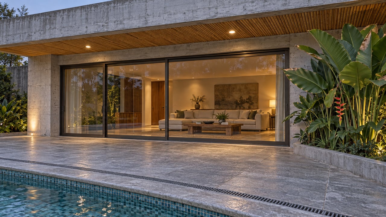 Early-evening villa terrace with a bamboo soffit, closed glass living-room doors, textured stone pool coping and broad-leaf tropical planting.