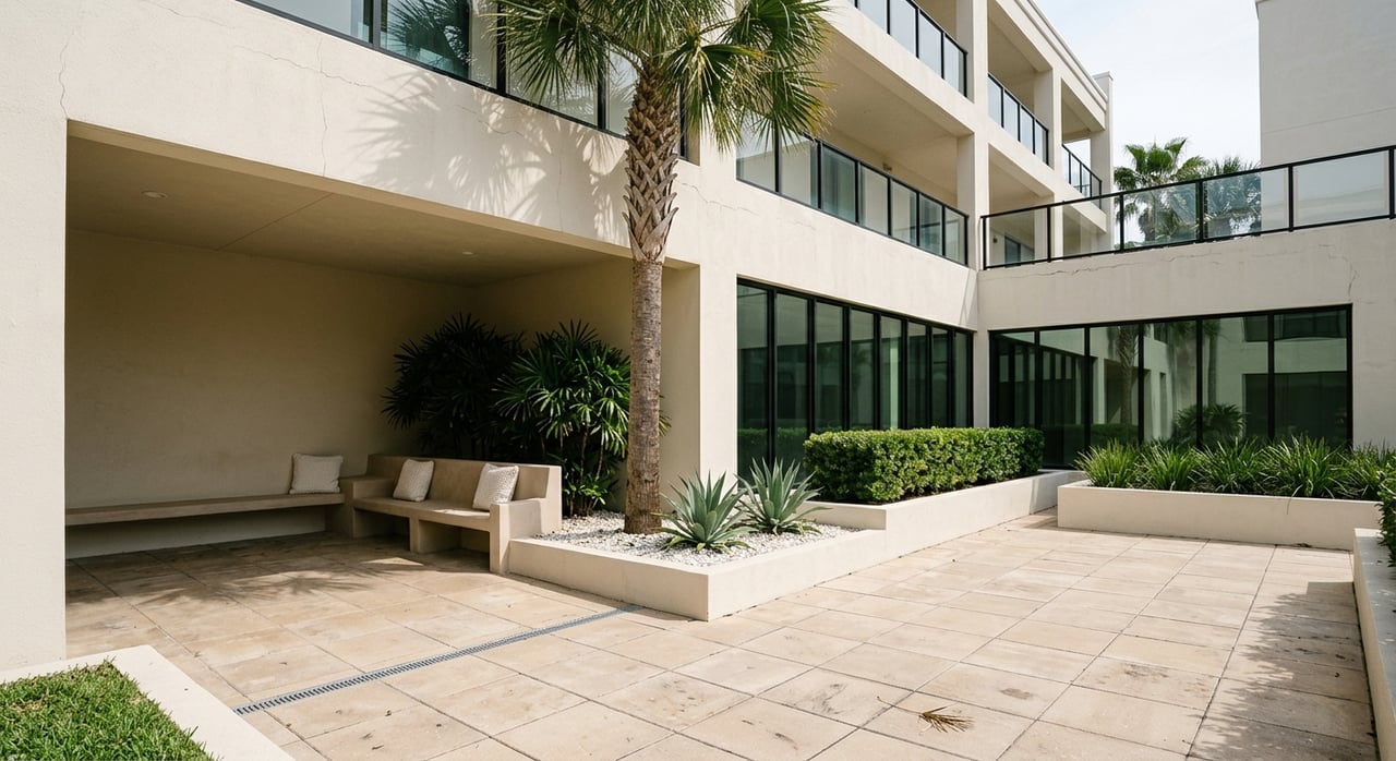 Condo courtyard with a shaded bench, glass-railed balconies, stucco walls, palms, and sunlit pavers.
