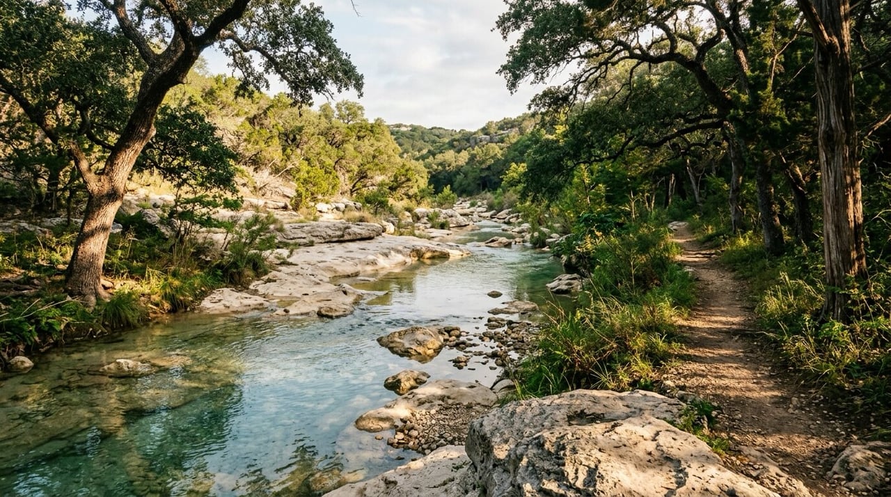 Greenbelt trail beside a shallow limestone creek, a feature buyers weigh when choosing a Leander neighborhood