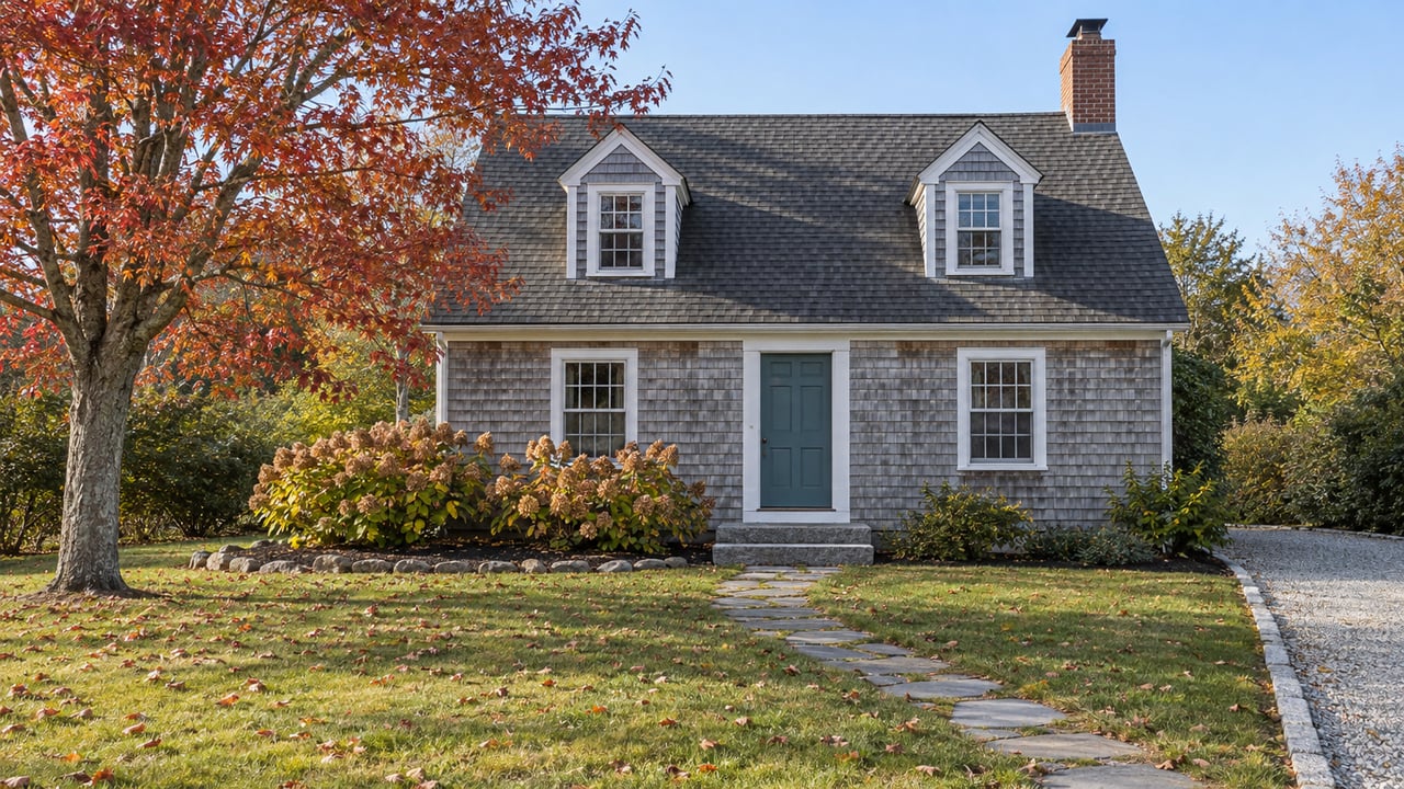 Weathered cedar-shingled house with white-trimmed windows and a teal door beyond an autumn lawn and curved stone walk.