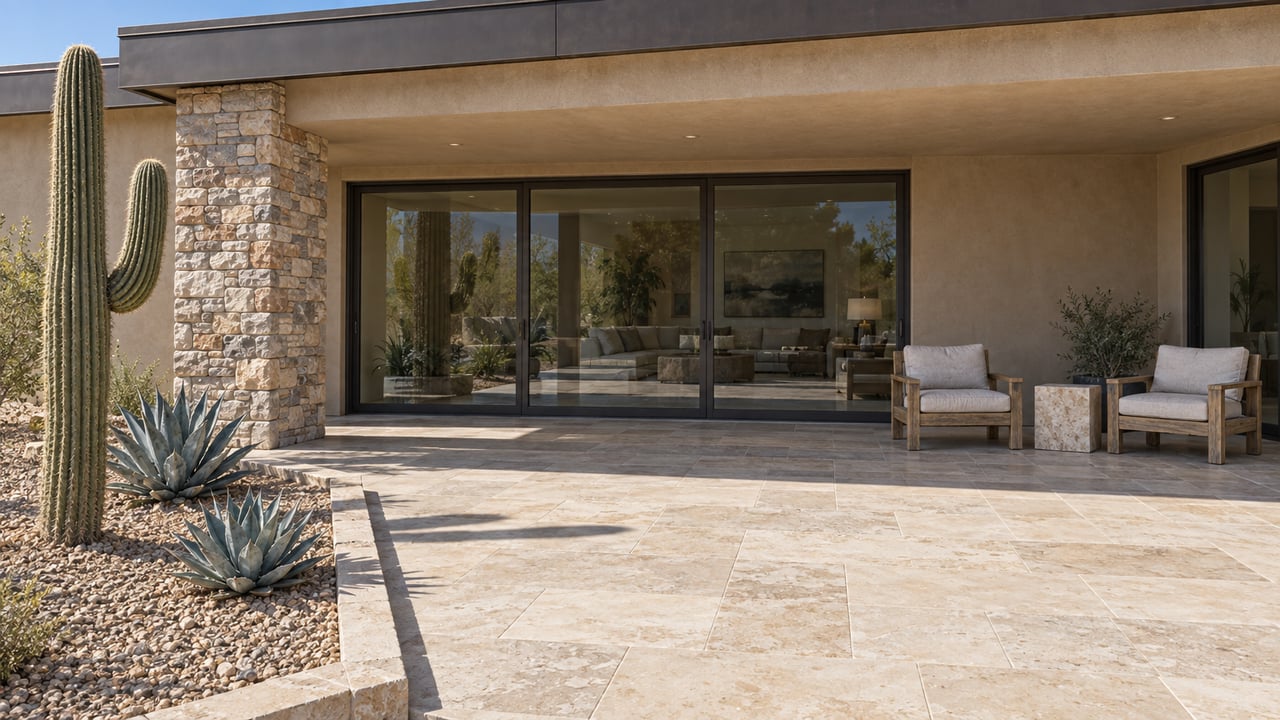 Sunlit limestone terrace beside a sand-colored stucco home, with shaded teak seating, a stacked-stone pier, a mature saguaro and two agave rosettes.