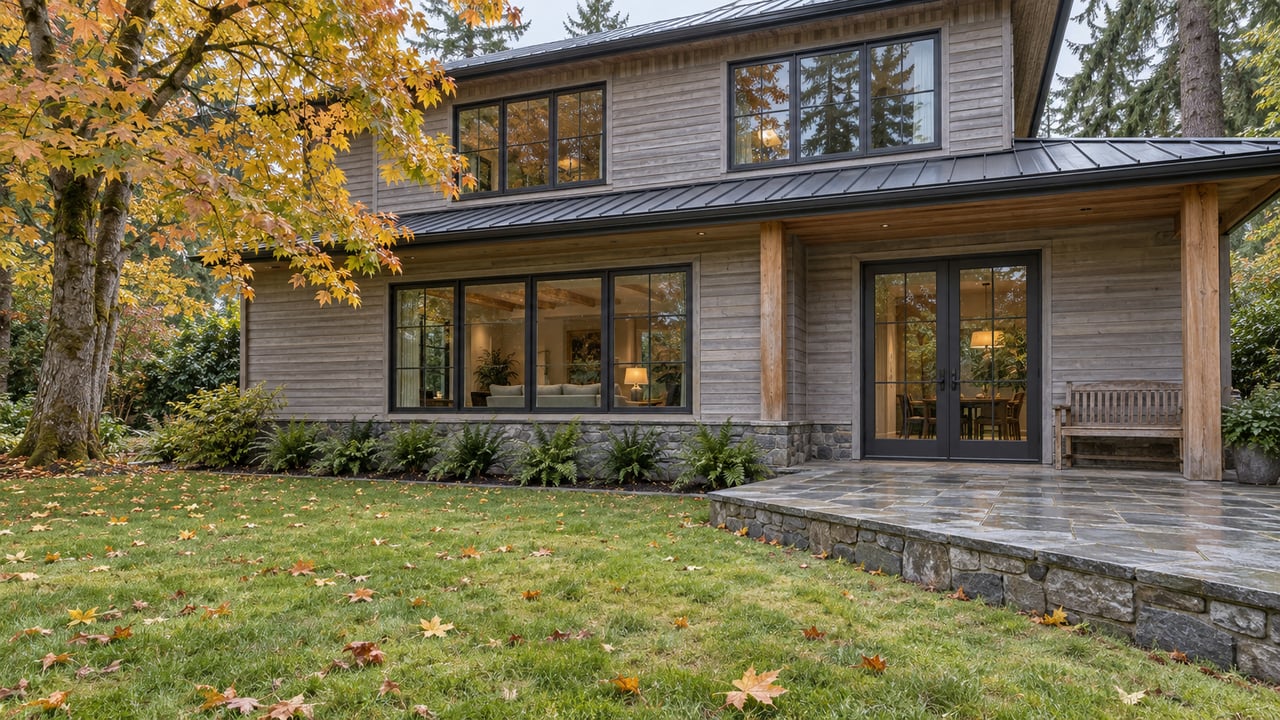 Cedar-sided home with dark metal roof, broad rear windows and a stone terrace across an autumn lawn beneath mature trees.