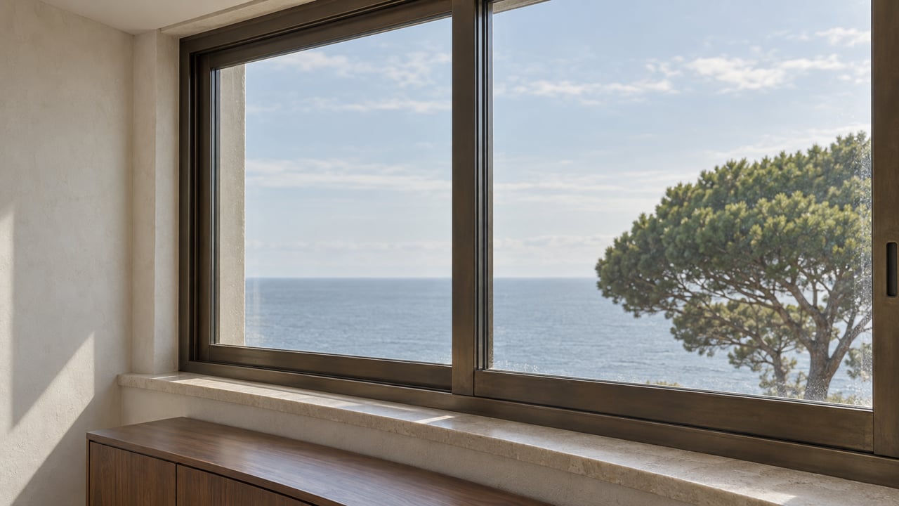 Bronze-framed window above a limestone sill, with gray-blue water and a pine canopy beyond the glass.