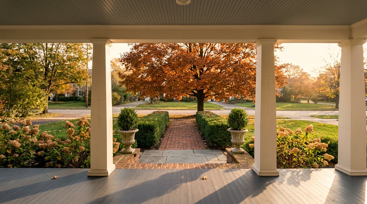 Covered porch with cream columns frames a brick walk, clipped boxwoods, and an auburn sugar maple in fall.