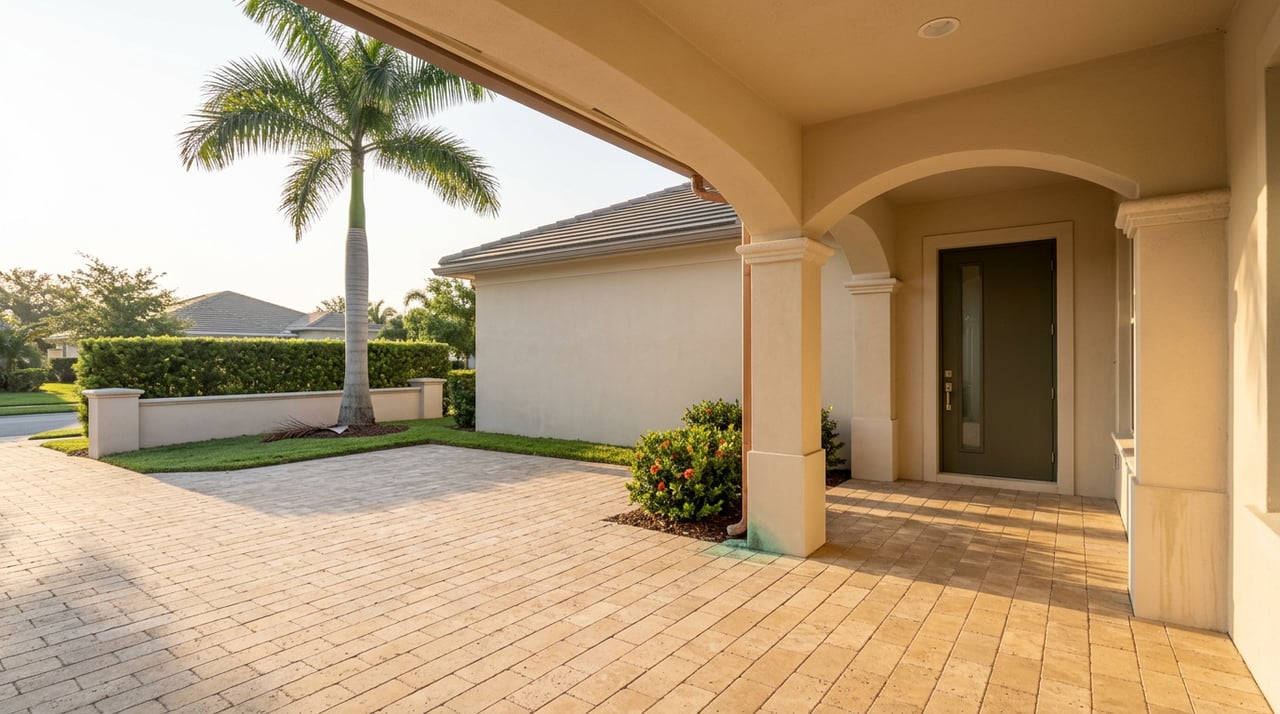 Stucco entry portico overlooking a sunlit paver court, with a royal palm, clipped hedge, and red-orange flowers.