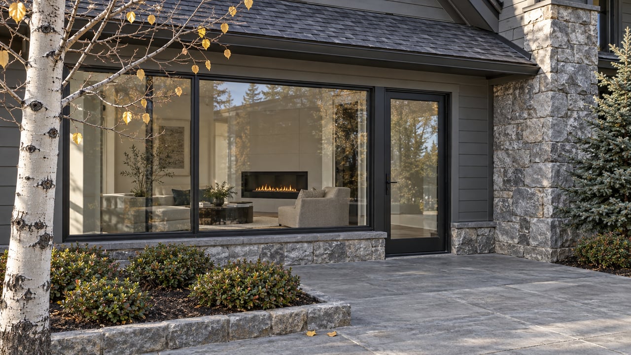 Charcoal-sided residence with a stone pier, closed glass terrace door and windows beside a nearly bare aspen and blue-green spruce.