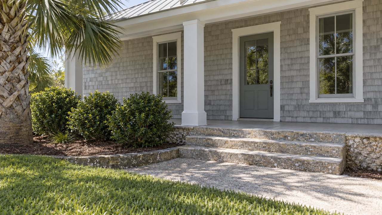 Coastal house veranda with a glazed wood door, sash windows, shell-aggregate steps, lawn, and palmetto.