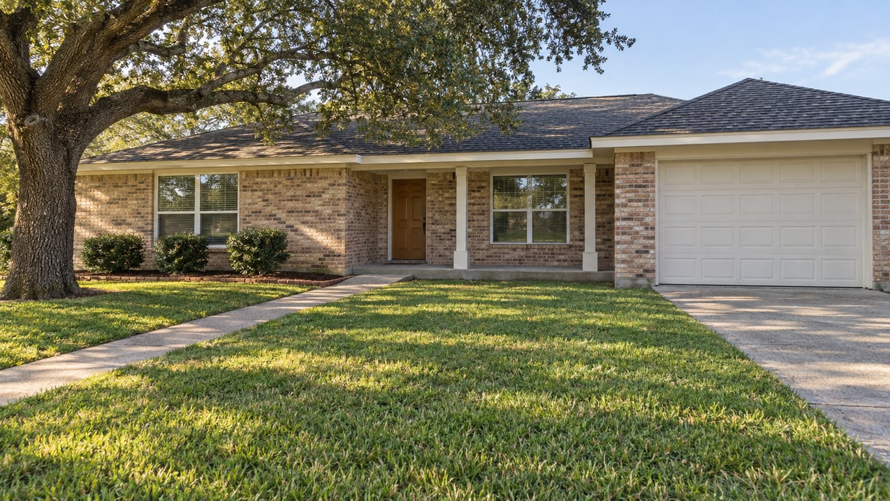 Single-story brick home with a recessed porch, broad lawn and mature live oak in warm afternoon light.