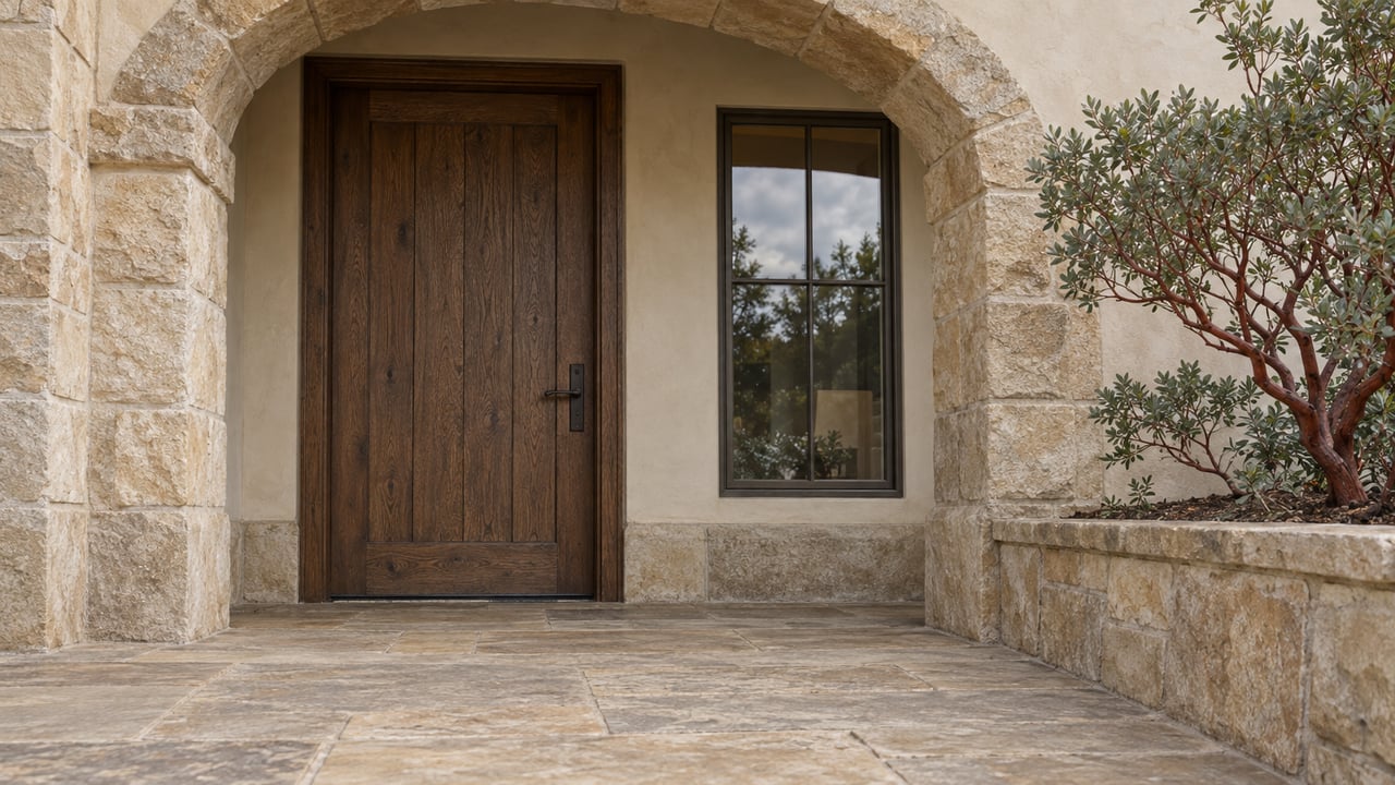 Close view of a sandstone arched entry with a weathered oak door, bronze-framed window and sculptural manzanita beside stone paving.