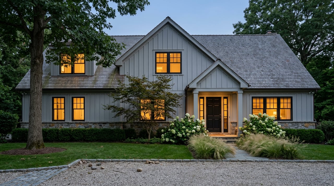 Gray two-story home glows at dusk beneath an oak canopy, beyond a gravel-and-stone drive.