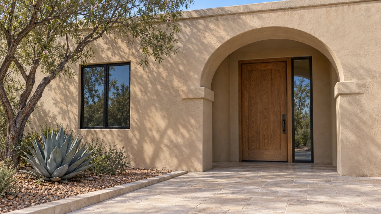 Sand-colored stucco home with an arched oak entry, black-framed window, and desert plants beside limestone paving.