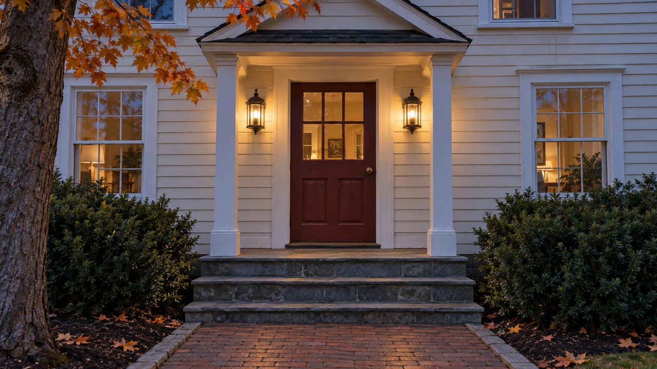 Cream clapboard home entrance at blue hour with warm porch sconces, a red wood door, bluestone steps and autumn maple leaves.