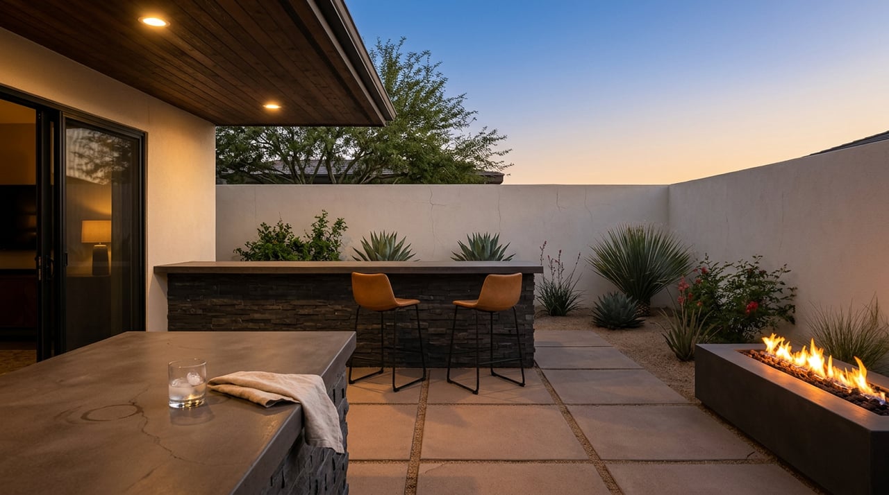Covered patio bar with black stools, a low fire trough, desert plants, and warm lights beneath a cedar soffit.