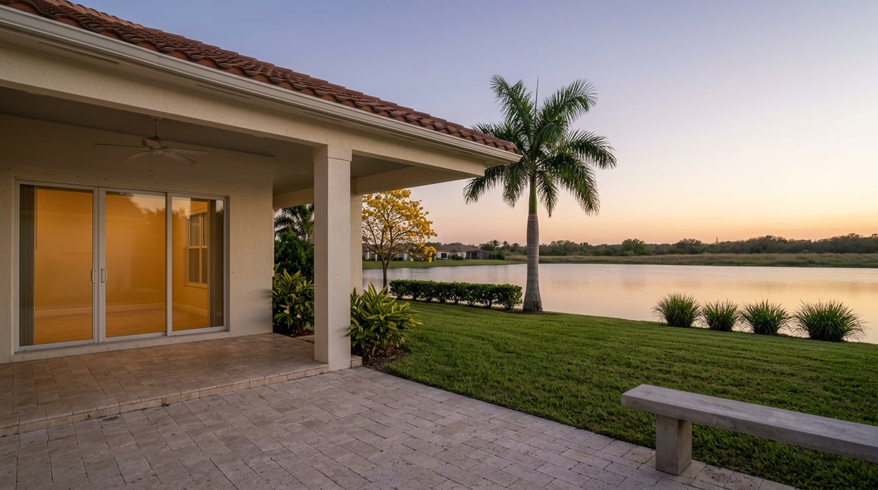 A stucco home’s tiled loggia overlooks a manicured lawn, royal palm, and calm lake at dusk.